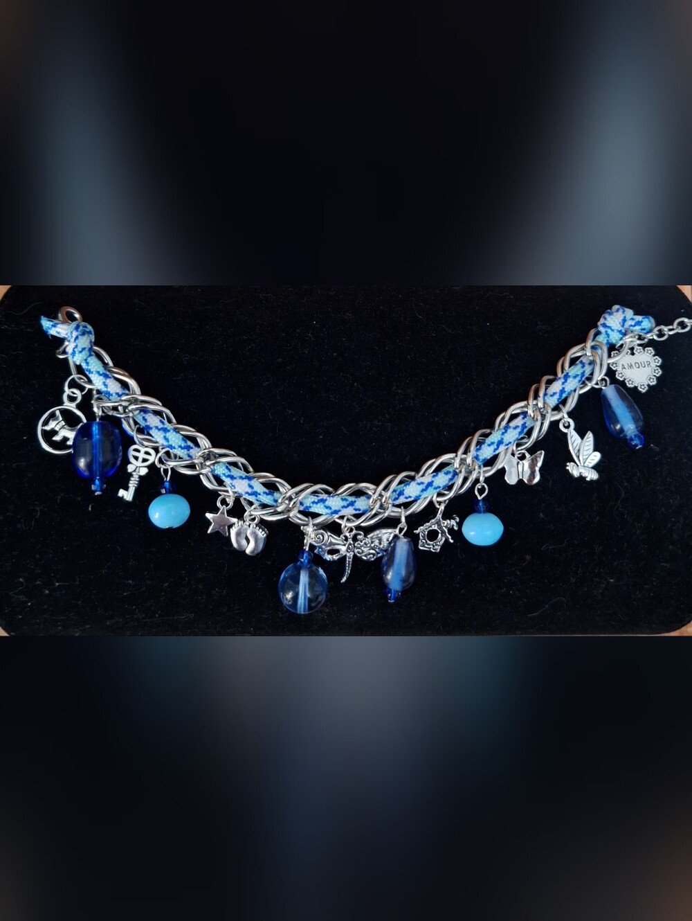 Silver Chain Charm Bracelet with Blue Glass Beads